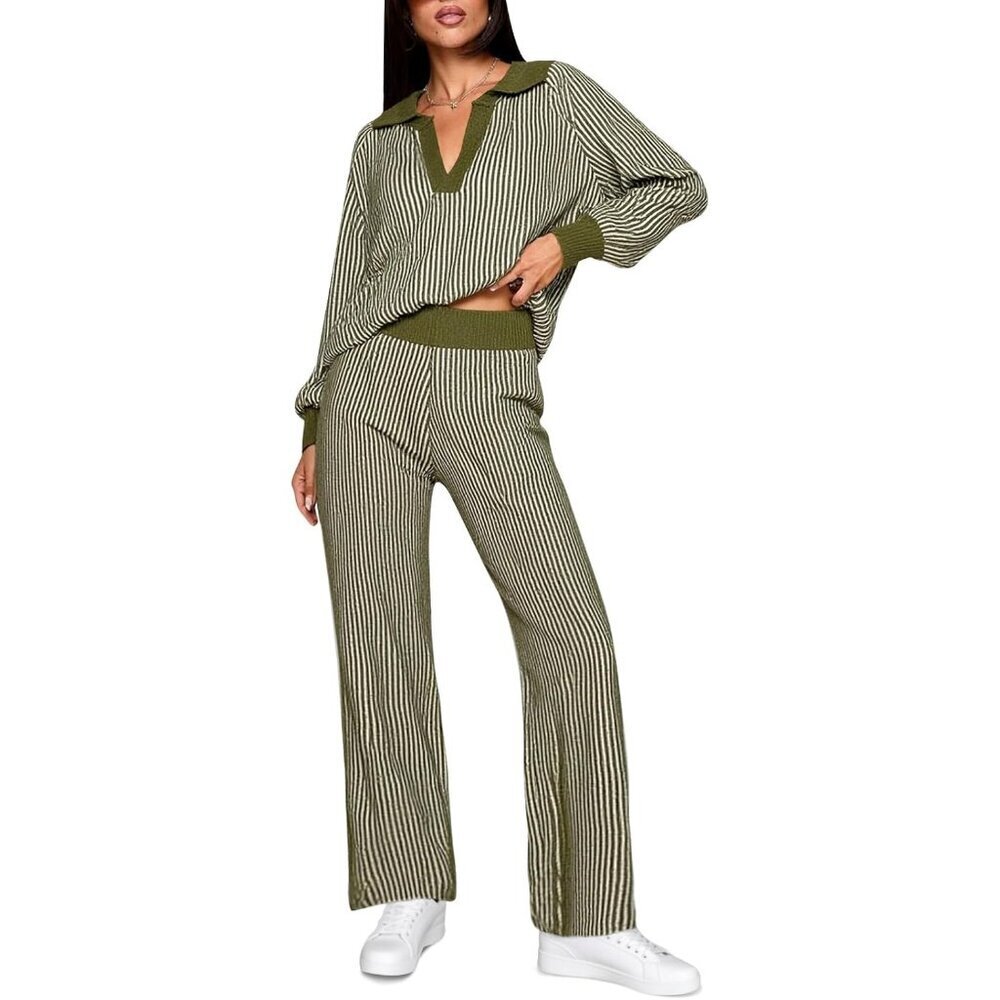 Women’s Striped Knit Lounge Set V Neck Sweater Wide Leg Pants Casual